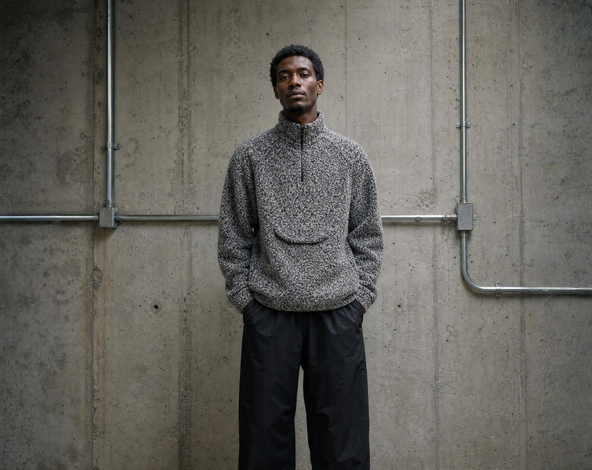 African-American man wearing a peppered grey and white boucle sweater, paired with black track pants.
