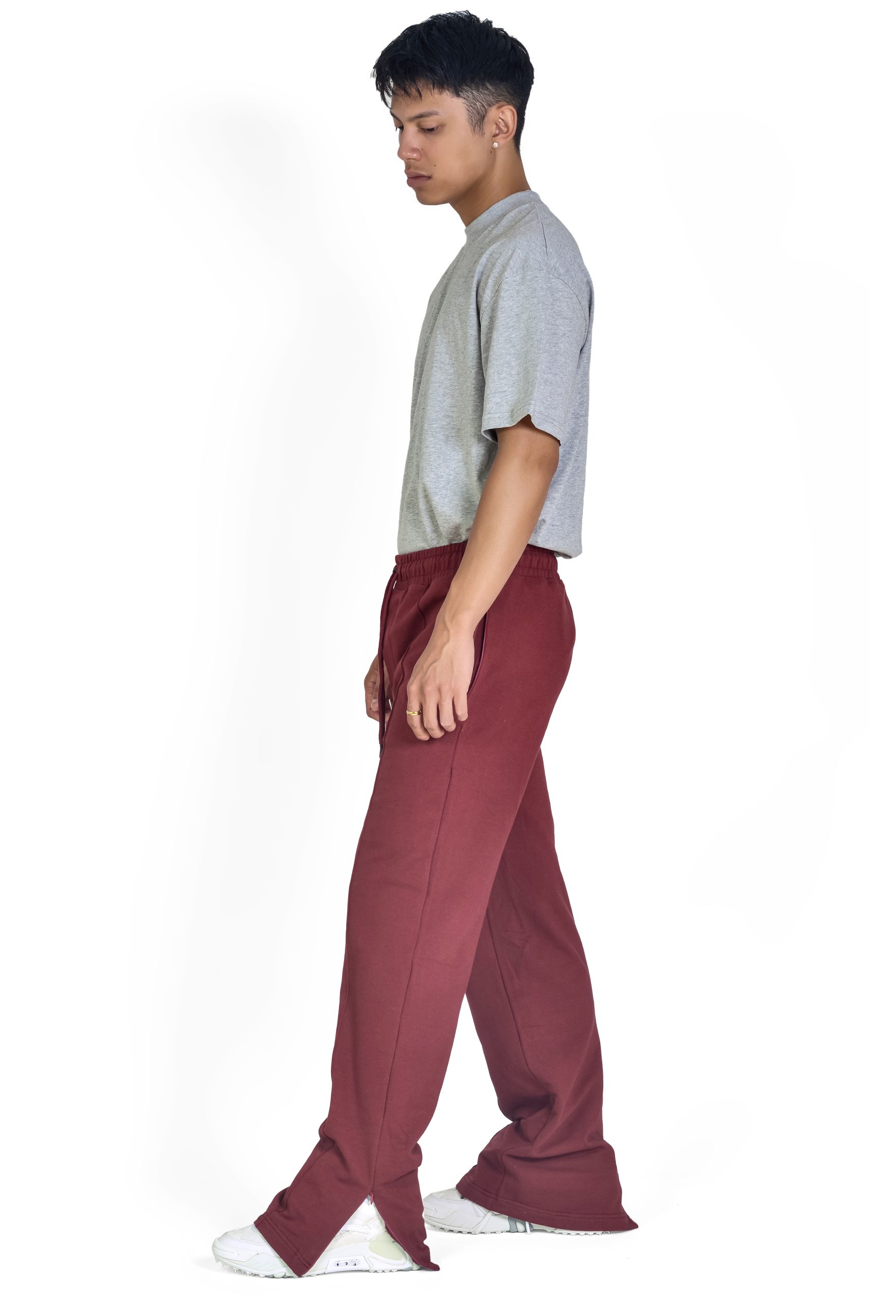 Wide Leg Slit Trousers in Maroon, full-body side profile.