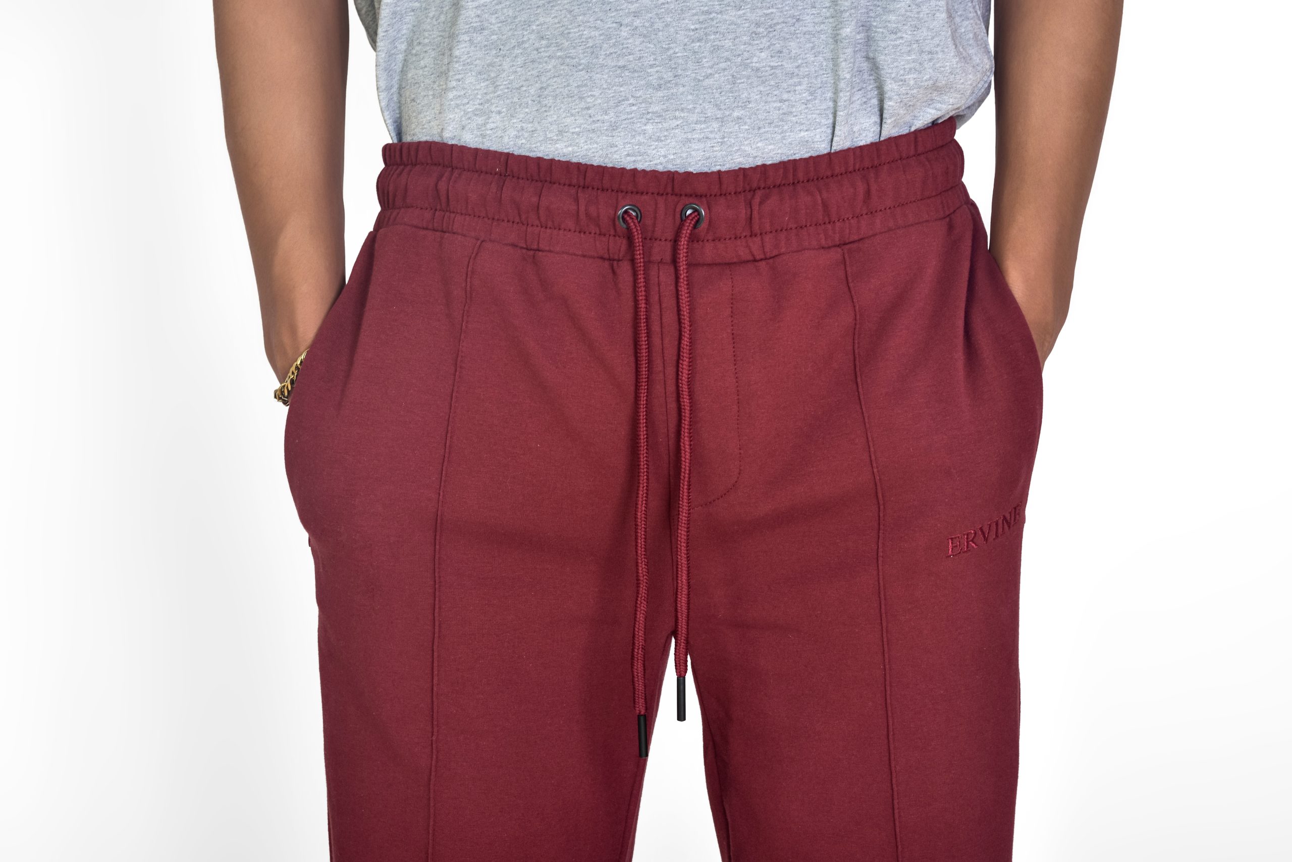 Wide Leg Slit Trousers in Maroon, close up photo of waistband and drawstring.