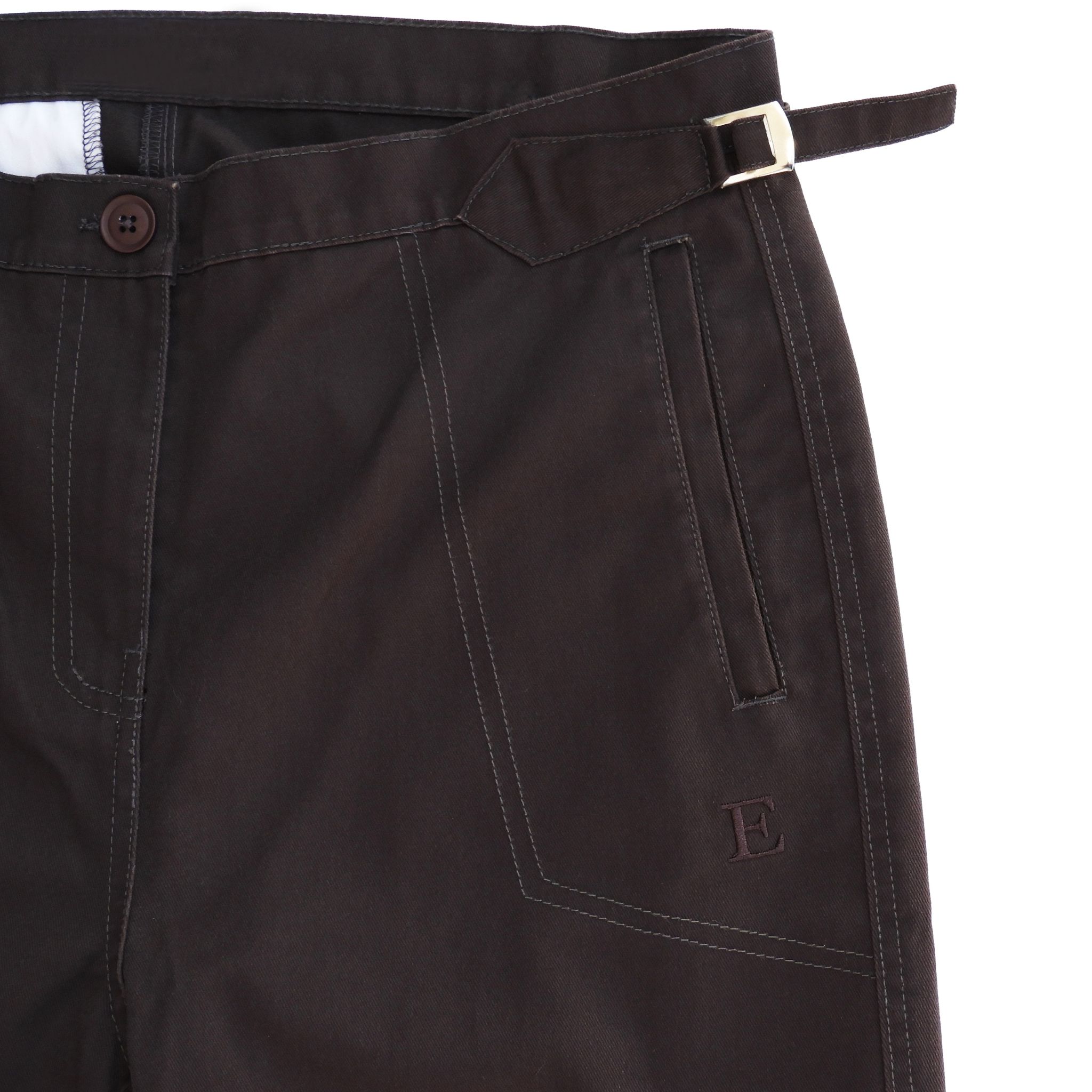Utility cargo pants metal hardware, embroidery, and pocket detail.