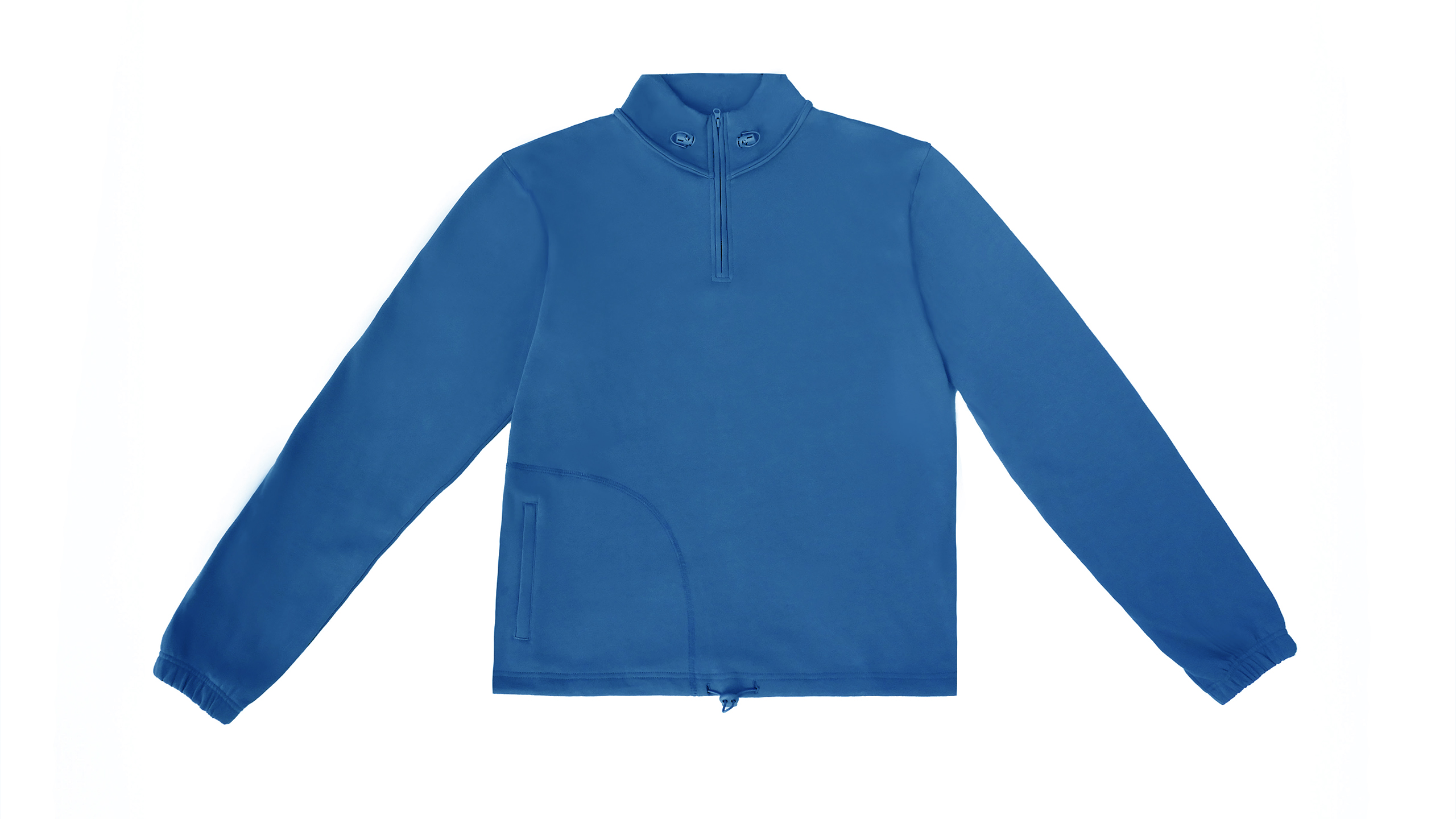 Flat lay photo of a blue quarter zip sweater with adjusters