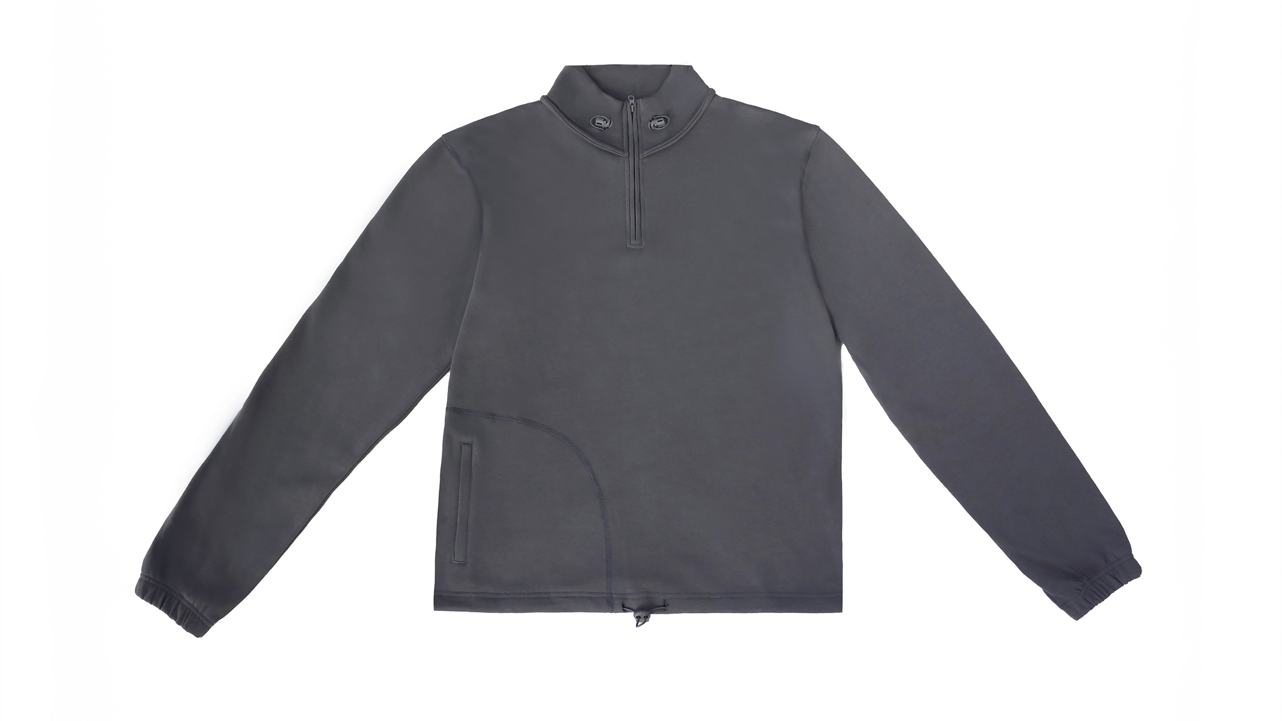Flat lay photo of a grey quarter zip sweater with adjusters